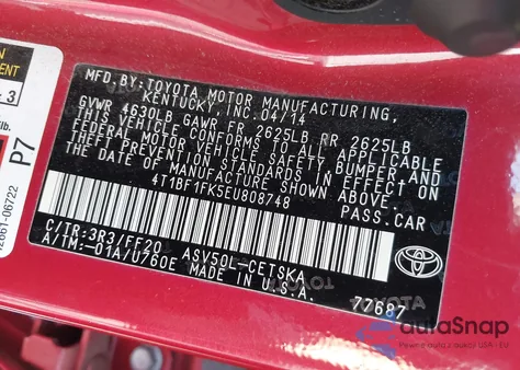 2014 Toyota Camry Se from USA, damaged, VIN 4T1BF1FK5EU808748